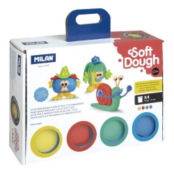10112-MALETIN 4 BOTES PASTA BLANDA SOFT DOUGH DE 116GR + HERRAMIENTAS "CARAS DIVERTIDAS" MILAN 913304HF