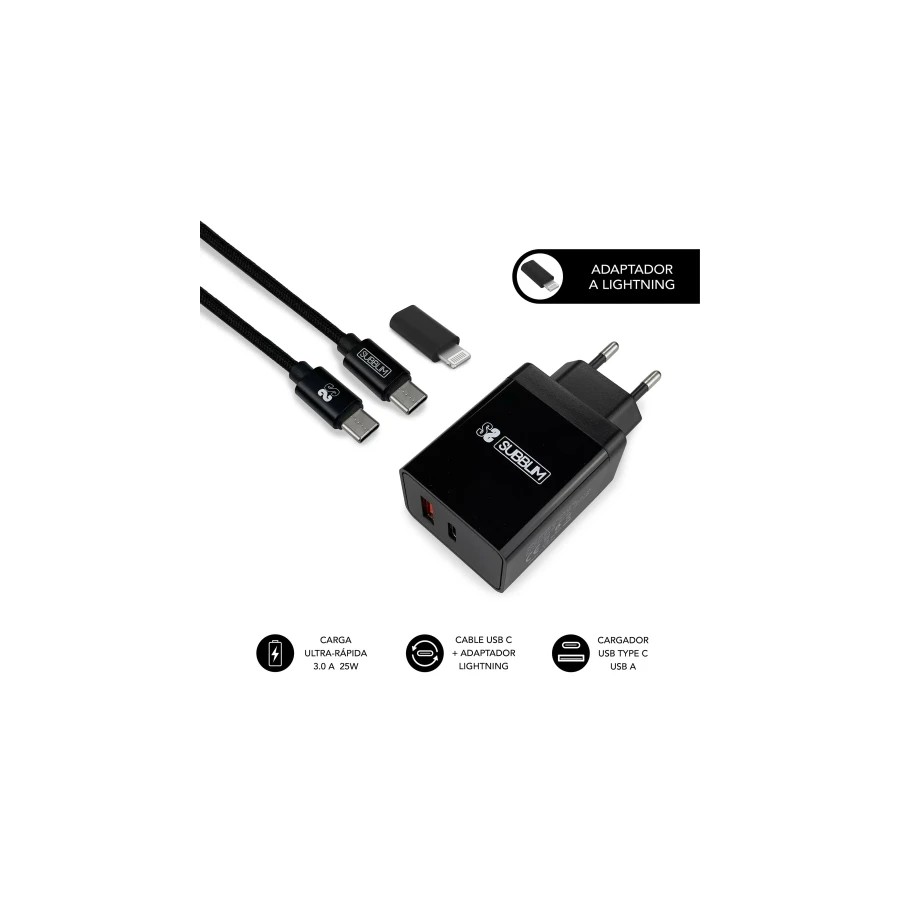 10965-SUBBLIM CARGADOR ULTRA RAPIDO 2xUSB DE PARED PD25W+QC3.0+Cable C to C y lightning Negro 10965-SUBBLIM CARGADOR ULTRA RAPIDO 2xUSB DE PARED PD25W+QC3.0+Cable C to C y lightning Negro
