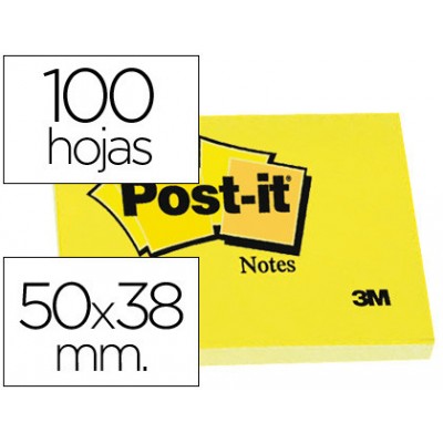 PACK 12 BLOCS 100 HOJAS NOTAS ADHESIVAS 38X51MM CANARY YELLOW SIN ENCELOFANADO INDIVIDUAL 653 E POST IT 7100290163