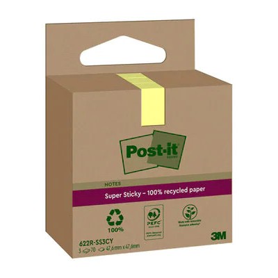 PACK 3 BLOCS 70 HOJAS NOTAS RECICLADAS ADHESIVAS 476X476MM SUPER STICKY AMARILLO PASTEL CAJA CARToN 622 RSS3CY POST IT 71002845