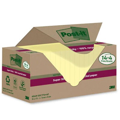 PACK 144 BLOCS 90 HOJAS NOTAS RECICLADAS ADHESIVAS 76X76MM SUPER STICKY AMARILLO PASTEL 654 RSSCY144 POST IT 7100284878