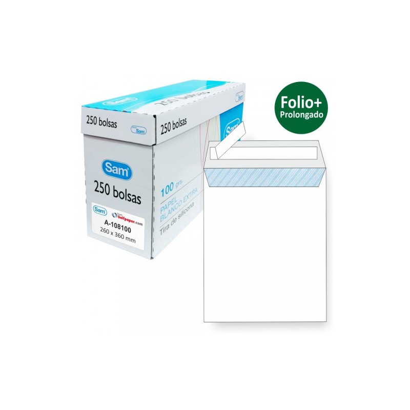 1268-CAJA 250 BOLSAS FOLIO PROLONGADO (260X360) OFFSET BLANCO 100 GRS. OPENSAM AUTOADHESIVO CON TIRA DE SILICONA SAM 149 1268-CAJA 250 BOLSAS FOLIO PROLONGADO (260X360) OFFSET BLANCO 100 GRS. OPENSAM AUTOADHESIVO CON TIRA DE SILICONA SAM 149