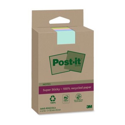 PACK 4 BLOCS 45 HOJAS NOTAS RECICLADAS ADHESIVAS 102X152MM SUPER STICKY COLORES SURTIDOS CON LiNEAS 4645 RSSCOL4 POST IT 710032