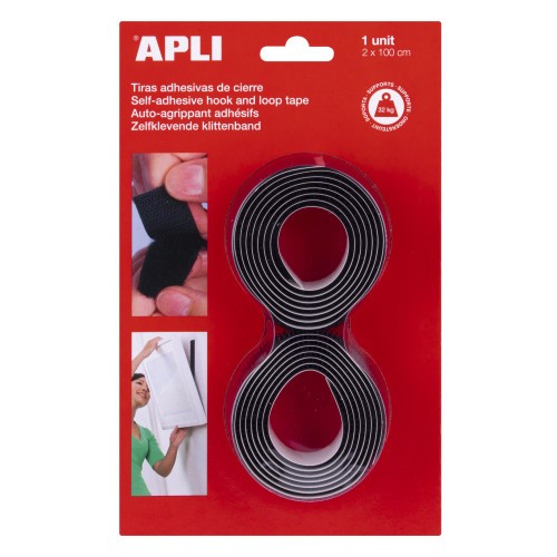 12815-BLISTER 2 CINTAS TIPO VELCRO ADHESIVAS COLOR NEGRO 20 MM X 1 M APLI 13656