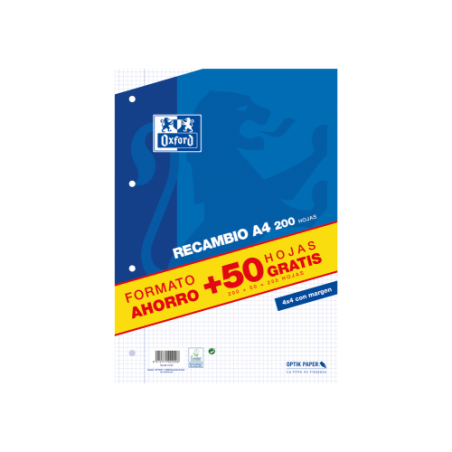13014-RECAMBIO A4 200+50 HOJAS 90GRS 4X4 MARGEN AZUL OXFORD 400119437
