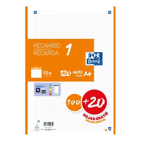 13018-RECAMBIO COLOR 1 A4 100+20 HOJAS 5X5 NARANJA 90GRS OXFORD 400158163