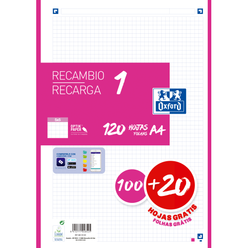 13026-RECAMBIO COLOR 1 A4  100+20 HOJAS 5X5 FUCSIA 90GRS OXFORD 400174181