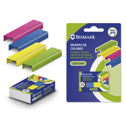 13137-CAJA DE 800 GRAPAS DE COLORES No 22/6-24/6 METALIZADAS BISMARK 331279