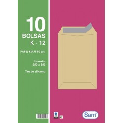 1314-PAQUETES DE 10 BOLSAS KRAFT, CON TIRA DE SILICONA TAMANO 250X353 90 GRS. SAM 665101