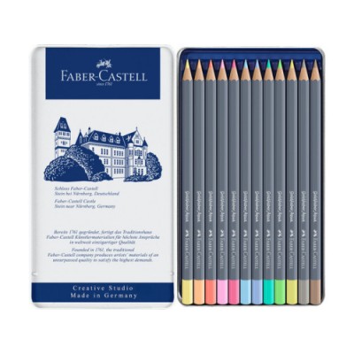 ESTUCHE METaLICO CON 12 LaPICES DE COLORES PASTEL ACUARELABLES GOLDFABER FABER CASTELL 114622