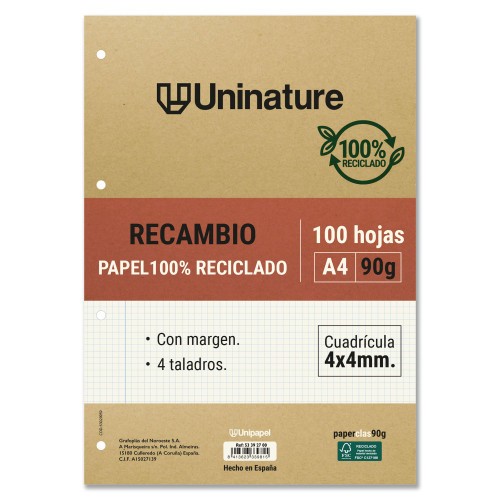 14574-RECAMBIO RECICLADO A4 100 HOJAS 90GR CUADRICULA 4X4 MM CON TALADROS UNINATURE 53392700