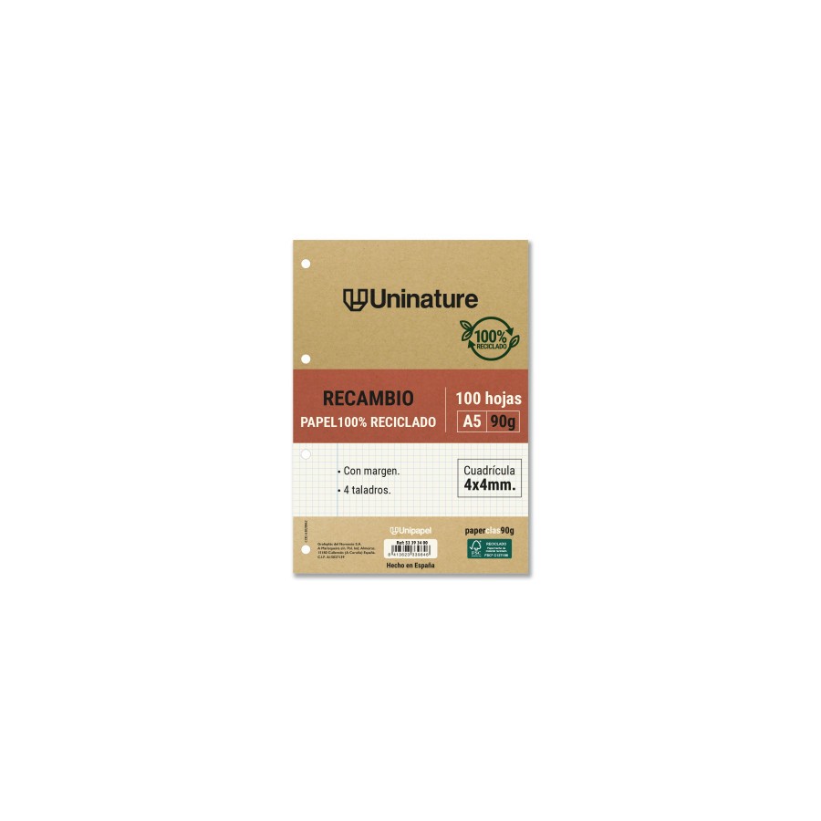 14575-RECAMBIO RECICLADO A5 100 HOJAS 90GR CUADRICULA 4X4 MM CON TALADROS UNINATURE 53393400