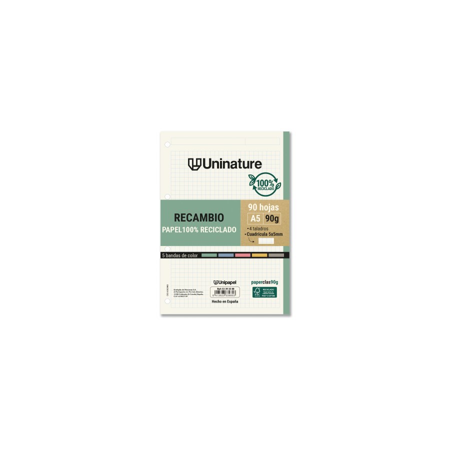 14576-RECAMBIO RECICLADO A5 90 HOJAS 90GR CUADRICULA 5X5 MM CON TALADROS 5 BANDAS COLOR UNINATURE 53393500