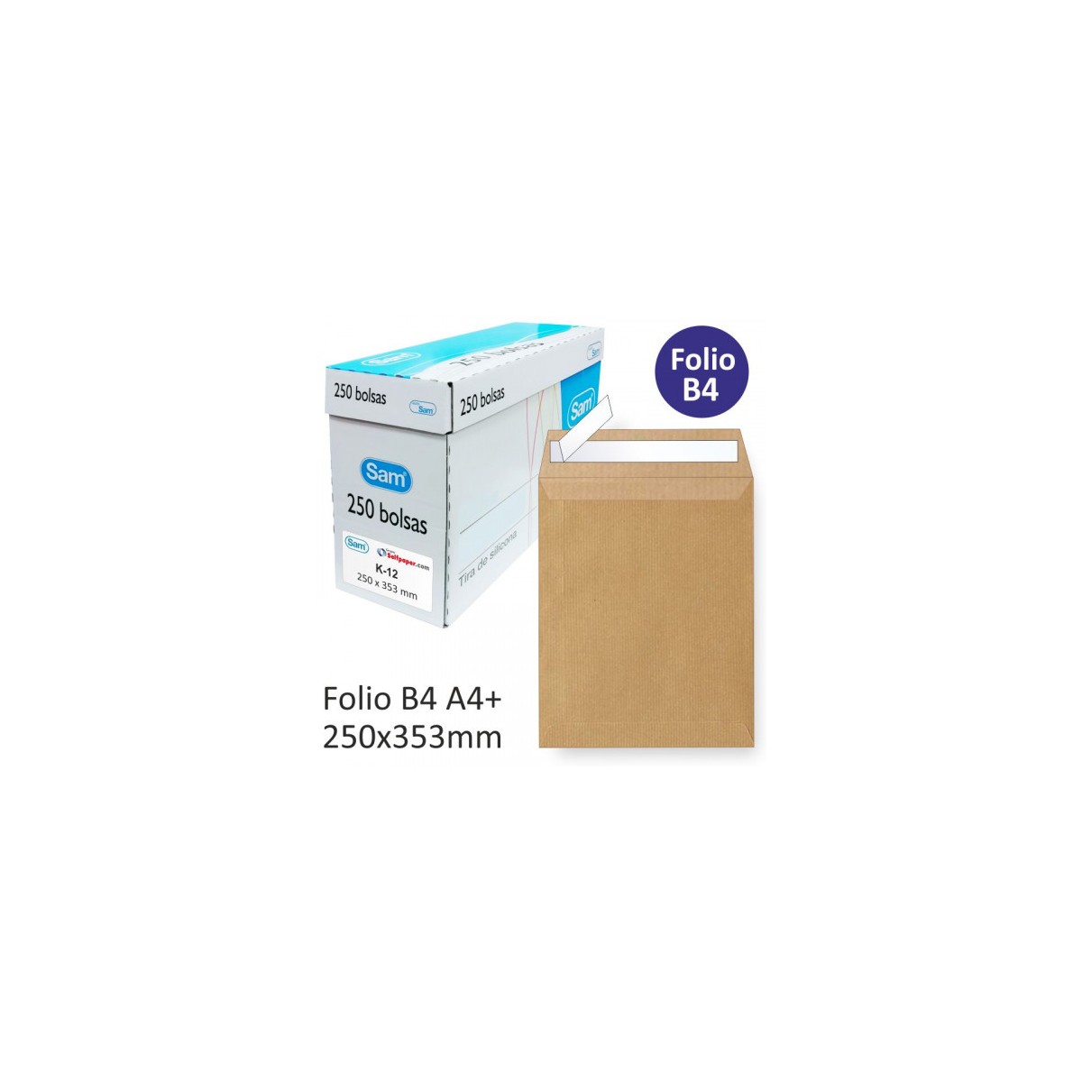 CAJA 250 BOLSAS DIN B4 FOLIO 250X353 KRAFT 90 GRS AUTOSAM AUTOADHESIVO CON TIRA DE SILICONA SAM 145607