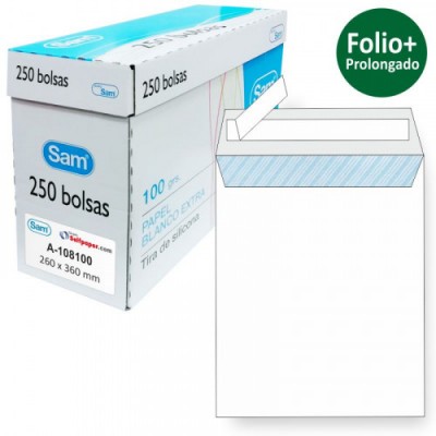 CAJA 250 BOLSAS FOLIO PROLONGADO 260X360 OFFSET BLANCO 100 GRS OPENSAM AUTOADHESIVO CON TIRA DE SILICONA SAM 149005