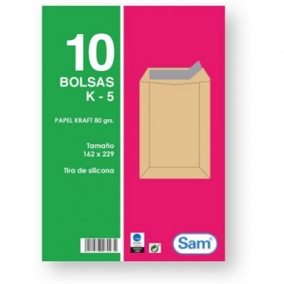 PAQUETES DE 10 BOLSAS KRAFT CON TIRA DE SILICONA TAMANO 162X229 80 GRS SAM 665098