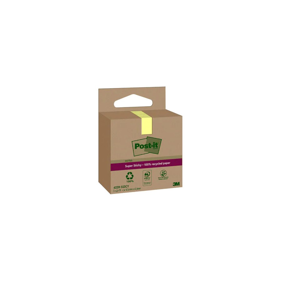 15523-PACK 3 BLOCS 70 HOJAS NOTAS RECICLADAS ADHESIVAS 47,6X47,6MM SUPER STICKY AMARILLO PASTEL CAJA CARTON 622 RSS3CY P 15523-PACK 3 BLOCS 70 HOJAS NOTAS RECICLADAS ADHESIVAS 47,6X47,6MM SUPER STICKY AMARILLO PASTEL CAJA CARTON 622 RSS3CY P