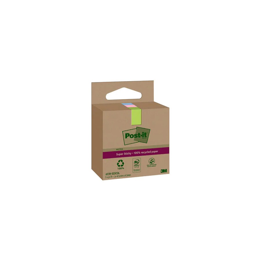 15524-PACK 3 BLOCS 70 HOJAS NOTAS RECICLADAS ADHESIVAS 47,6X47,6MM SUPER STICKY COLORES SURTIDOS CAJA CARTON 622 RSS3COL