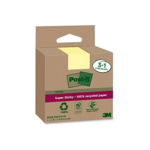 15544-PACK 3+1 BLOCS 90 HOJAS NOTAS RECICLADAS ADHESIVAS 76X76MM SUPER STICKY AMARILLO PASTEL 654 RSSCY3+1F POST-IT 7100