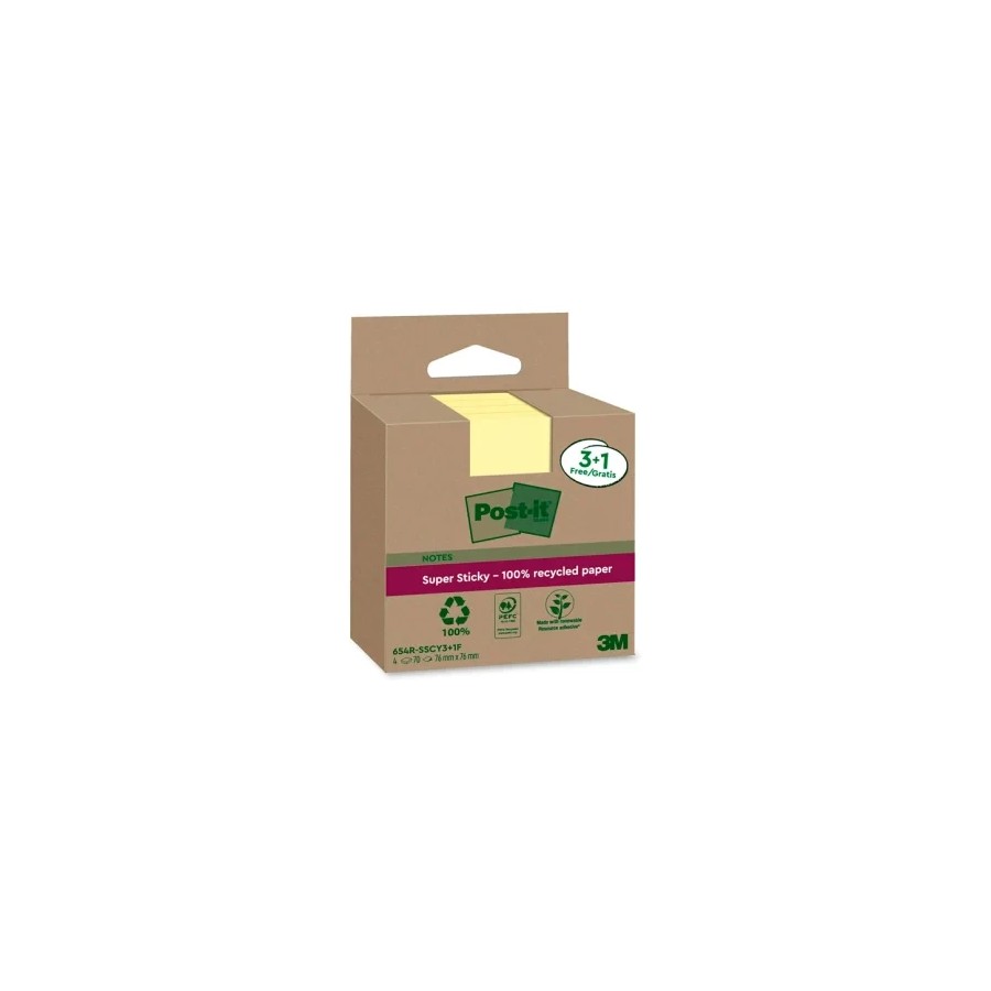 15544-PACK 3+1 BLOCS 90 HOJAS NOTAS RECICLADAS ADHESIVAS 76X76MM SUPER STICKY AMARILLO PASTEL 654 RSSCY3+1F POST-IT 7100 15544-PACK 3+1 BLOCS 90 HOJAS NOTAS RECICLADAS ADHESIVAS 76X76MM SUPER STICKY AMARILLO PASTEL 654 RSSCY3+1F POST-IT 7100
