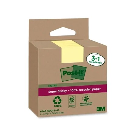 15544-PACK 3+1 BLOCS 90 HOJAS NOTAS RECICLADAS ADHESIVAS 76X76MM SUPER STICKY AMARILLO PASTEL 654 RSSCY3+1F POST-IT 7100
