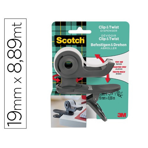 15666-DISPENADOR PORTARROLLOS CLIP C19 GRIS CON ROLLO CINTA INVISIBLE 19MM X 8,89M MAGIC C19-CLIP-CG-EMEA SCOTH 71002252