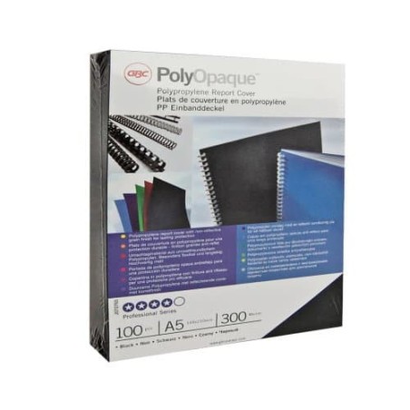 1585-CAJA DE 100 CUBIERTAS POLIPROPILENO FORMATO A4 DE 300 MICRAS COLOR NEGRO GBC IB386831