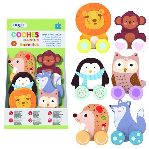 17256-EXPOSITOR DE 6 COCHECITOS DE ANIMALES DE MADERA - A PARTIR DE 1 ANO DOHE 64002