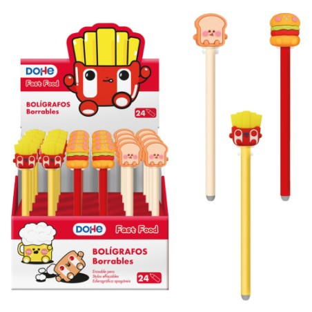17297-EXPOSITOR CON 24 BOLIGRAFOS BORRABLES FAST FOOD DOHE 79688