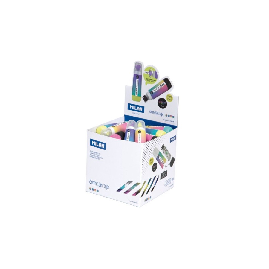 17299-CUBO EXPOSITOR 40 CINTAS CORRECTORAS CILINDRICAS 5 MM X 6 M SERIE SUNSET MILAN 1301940SN 17299-CUBO EXPOSITOR 40 CINTAS CORRECTORAS CILINDRICAS 5 MM X 6 M SERIE SUNSET MILAN 1301940SN