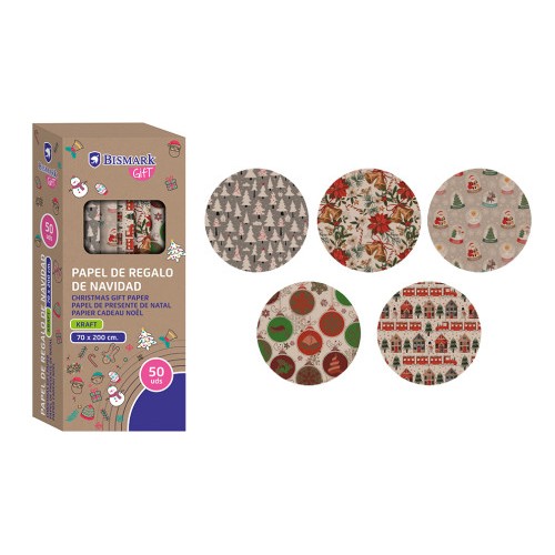 19390-PAPEL DE REGALO KRAFT NAVIDAD 70X200 BISMARK 331823