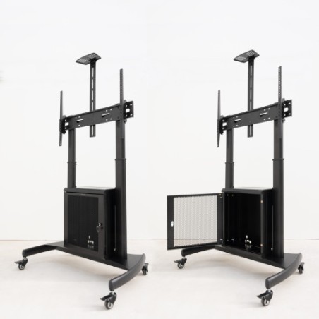 19472-TooQ "NARNIA" Soporte de Suelo con Armario Multiusos + Accesorios Rack para Pantallas 60"- 100", Negro