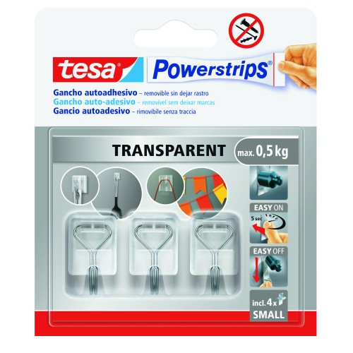 20036-BLISTER 3 GANCHOS ADHESIVOS ALAMBRE POWERSTRIPS 0,5KG TAMANO S TRANSPARENTE TESA 58620-00001-01