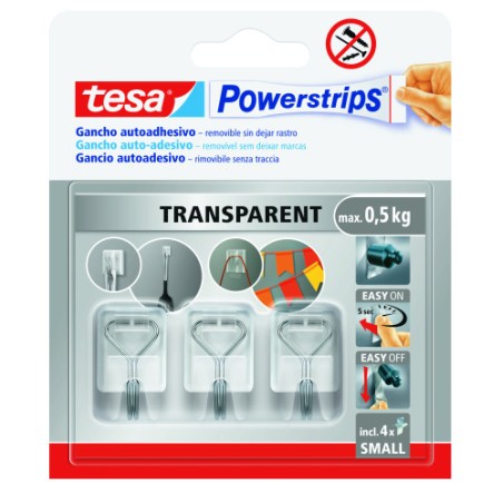 20036-BLISTER 3 GANCHOS ADHESIVOS ALAMBRE POWERSTRIPS 0,5KG TAMANO S TRANSPARENTE TESA 58620-00001-01