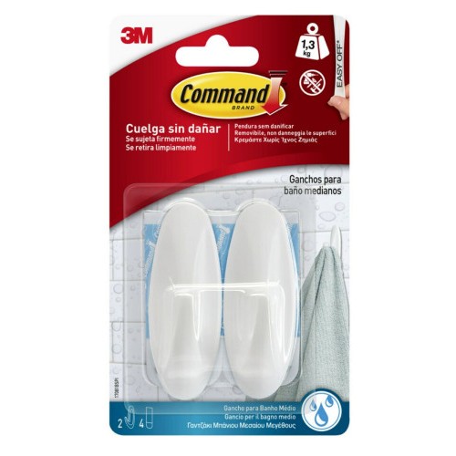20288-BLISTER 2 GANCHOS ADHESIVOS MEDIANOS HASTA 1,3KG BLANCO PARA BANO COMMAND 17081B 3M 7100121117