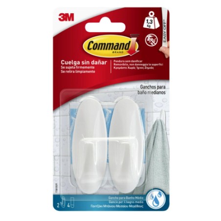 20288-BLISTER 2 GANCHOS ADHESIVOS MEDIANOS HASTA 1,3KG BLANCO PARA BANO COMMAND 17081B 3M 7100121117