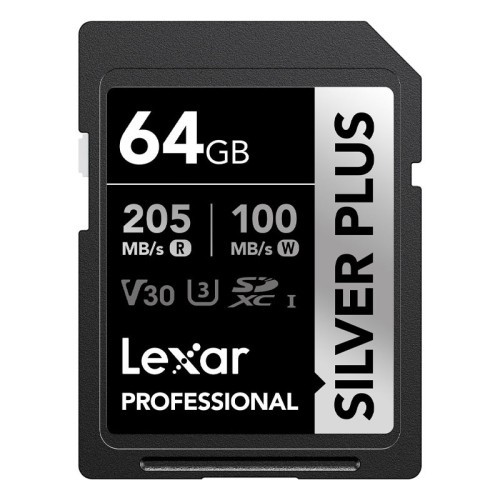 20330-LEXAR 64GB PROFESSIONAL SILVER PLUS SDXC UHS-I CARDS,  UP TO 205MB/S READ 100MB/S WRITE C10 V30 U3