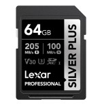 20330-LEXAR 64GB PROFESSIONAL SILVER PLUS SDXC UHS-I CARDS,  UP TO 205MB/S READ 100MB/S WRITE C10 V30 U3