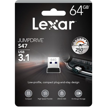 20343-LEXAR JUMPDRIVE USB 3.1 S47 64GB BLACK PLASTIC HOUSING, UP TO 250MB/S