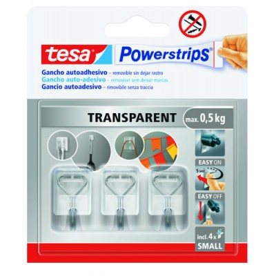 BLISTER 3 GANCHOS ADHESIVOS ALAMBRE POWERSTRIPS 05KG TAMANO S TRANSPARENTE TESA 58620 00001 01