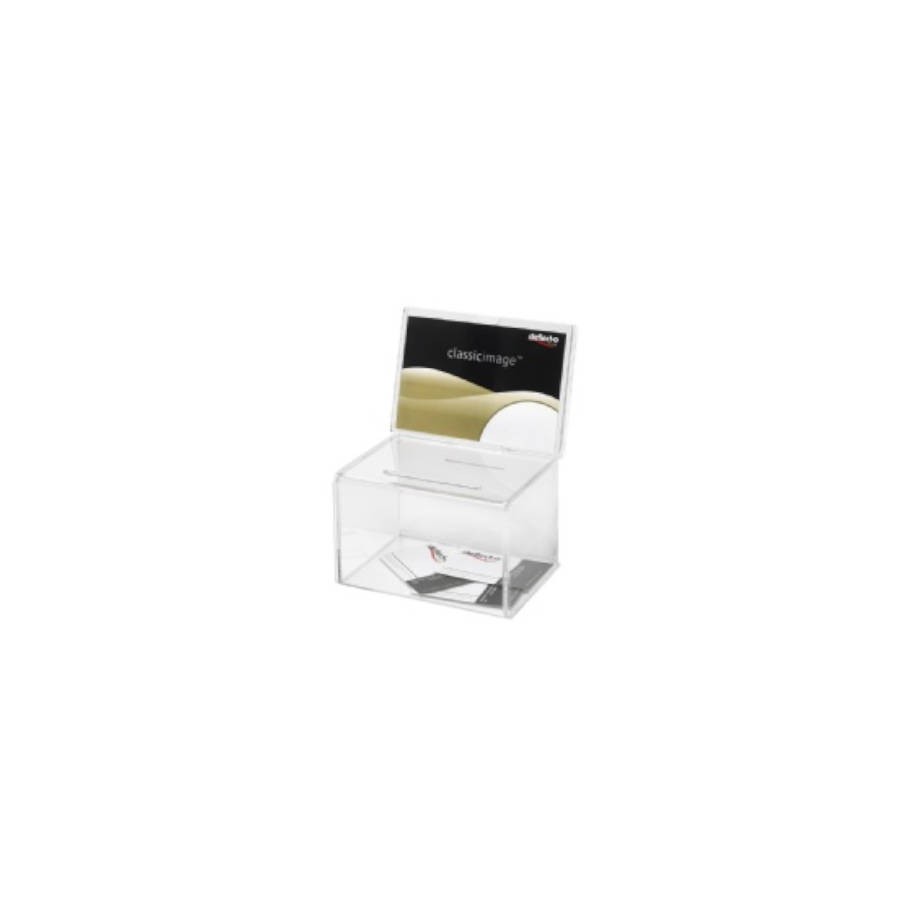 2148-CAJA PARA SUGERENCIAS O PROPINAS SIN LLAVE CON EXPOSITOR 16,5X11 CM TRANSPARENTE DEFLECTO 592901