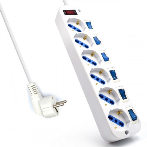 22211-EWENT REGLETA 6 TOMAS SCHUKO CON INTERRUPTOR INDIVIDUAL. CABLE 5M. BLANCO (EW3932-5M)