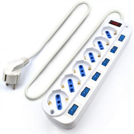 22212-EWENT REGLETA 6 TOMAS SCHUKO CON INTERRUPTOR INDIVIDUAL. CABLE 5M. BLANCO (EW3932-5M)
