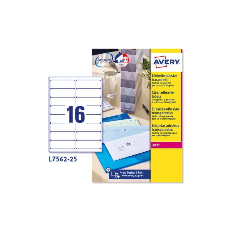 2261-PAQUETE 25 HOJAS ETIQUETAS TRANSPARENTES QUICKPEEL-IMPRESORAS LASER-99,1X33,9 MM AVERY L7562-25 2261-PAQUETE 25 HOJAS ETIQUETAS TRANSPARENTES QUICKPEEL-IMPRESORAS LASER-99,1X33,9 MM AVERY L7562-25