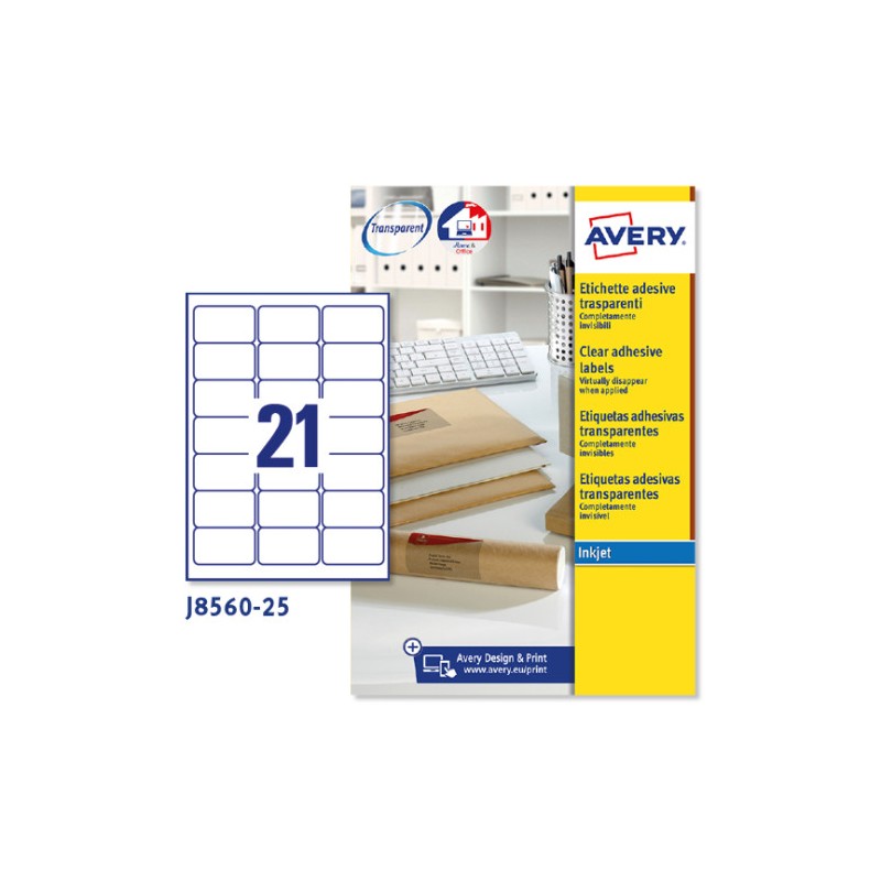 2262-PAQUETE 25 HOJAS ETIQUETAS TRANSPARENTES QUICKPEEL-IMPRESORAS DE INYECCION DE TINTA-63,5X38,1 MM AVERY J8560-25 2262-PAQUETE 25 HOJAS ETIQUETAS TRANSPARENTES QUICKPEEL-IMPRESORAS DE INYECCION DE TINTA-63,5X38,1 MM AVERY J8560-25