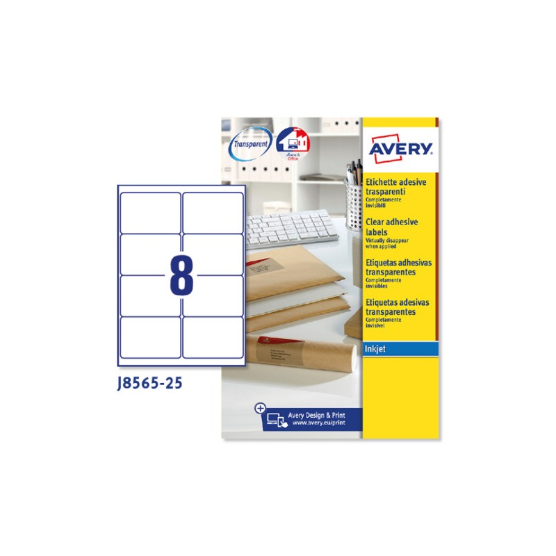 2263-PAQUETE 25 HOJAS ETIQUETAS TRANSPARENTES QUICKPEEL-IMPRESORAS DE INYECCION DE TINTA-99,1X67,7 MM AVERY J8565-25 2263-PAQUETE 25 HOJAS ETIQUETAS TRANSPARENTES QUICKPEEL-IMPRESORAS DE INYECCION DE TINTA-99,1X67,7 MM AVERY J8565-25