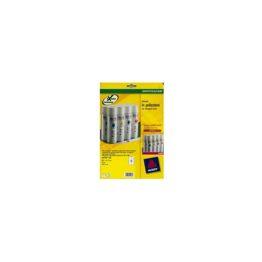22775-PAQUETE 20 HOJAS ETIQUETAS DE POLIESTER BLANCO-IMPRESORAS LASER-99,1X42,3 MM AVERY L4776-20