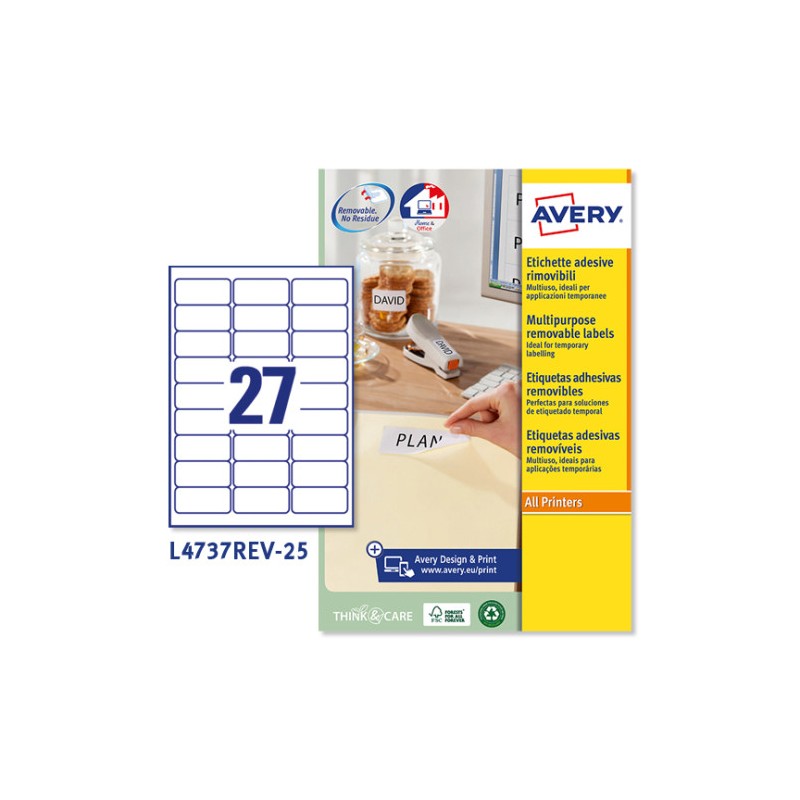 2280-PAQUETE 25 HOJAS ETIQUETAS DESPEGABLES ECOLOGICAS, CERTIFICADAS FSC-IMPRESORAS LASER-63,5X29,6 MM AVERY L4737REV-25 2280-PAQUETE 25 HOJAS ETIQUETAS DESPEGABLES ECOLOGICAS, CERTIFICADAS FSC-IMPRESORAS LASER-63,5X29,6 MM AVERY L4737REV-25