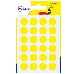 2285-PAQUETE 7 HOJAS ETIQUETAS REDONDAS GOMETS AMARILLAS 15MM DIAMETRO AVERY PSA15J
