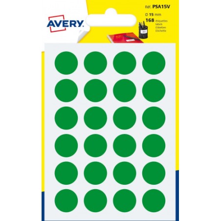 2286-PAQUETE 7 HOJAS ETIQUETAS REDONDAS GOMETS VERDES 15MM DIAMETRO AVERY PSA15V